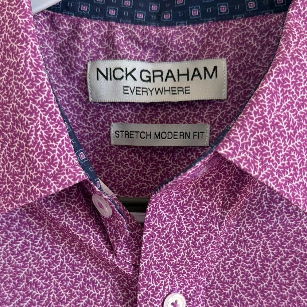 Nick Graham Stretch Modern Fit Short-Sleeve Blue Button-Up Shirt Size Medium